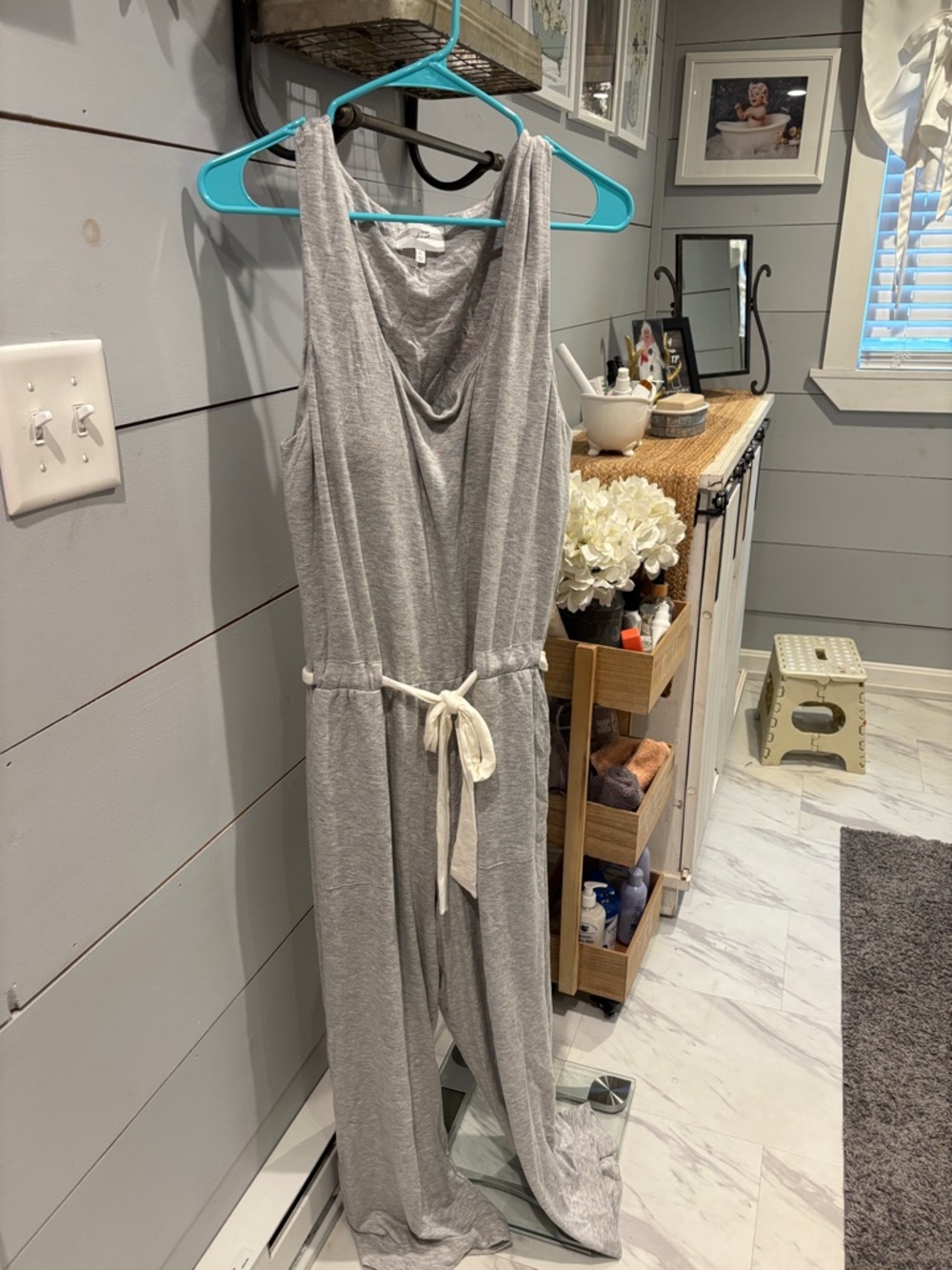 Soma Heather Gray Sleeveless Jumpsuit with Cream Waist Tie